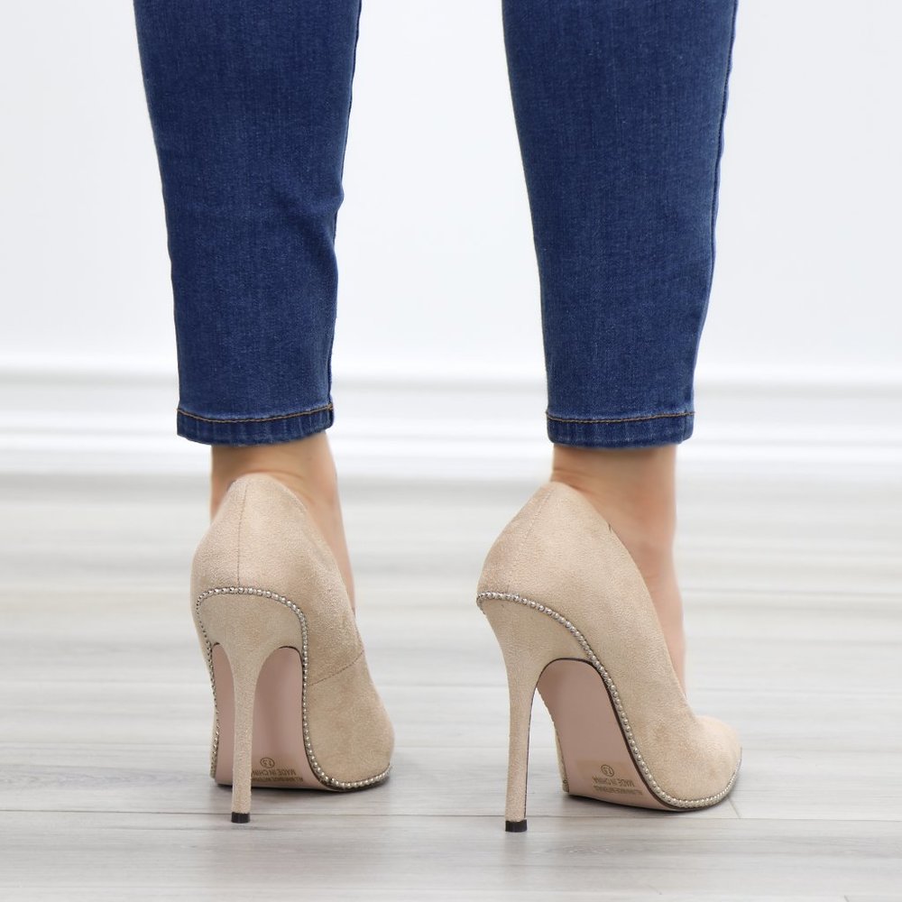 Nude Suede High Heel Pumps With Studs - Picture 9 of 11